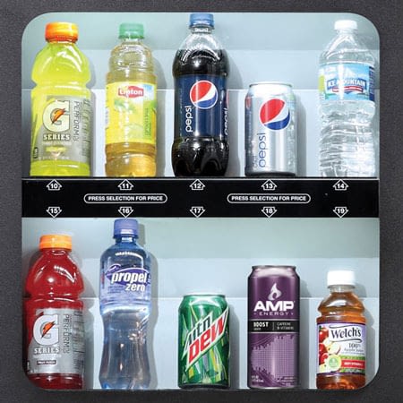 Vending machine with live bottle and can beverage display - 450×450