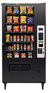 Black MP32 Snack Vending Machine featuring a variety of snacks, a keypad, and silver details on the right of the machine