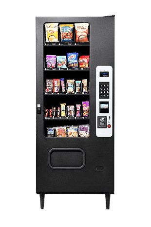 Black MP23 Snack Vending Machine featuring a variety of snacks, a keypad, and silver details on the right of the machine