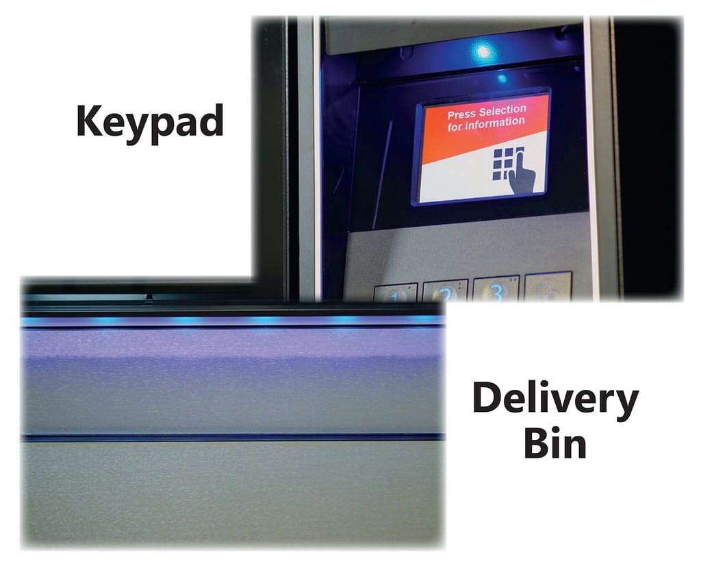 A vending machine keypad and delivery bin that depicts the use of UVend Technology, an optional feature on vending equipment