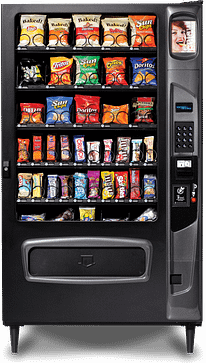 Black MP40 Snack Vending Machine featuring a variety of snacks, a keypad, and silver details on the right of the machine