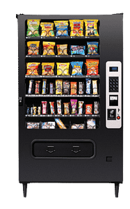 Black MP40 Snack Vending Machine featuring a variety of snacks, a keypad, and silver details on the right of the machine