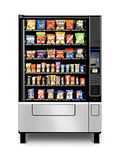 Sleek black and silver VendRevv S52 Snack Vending Machine filled with a variety of snacks