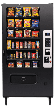 Black MP32 Snack Vending Machine featuring a variety of snacks, a keypad, and silver details on the right of the machine