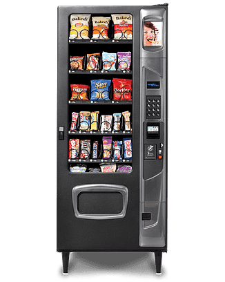 Black MP26 Snack Vending Machine featuring a variety of snacks, a keypad