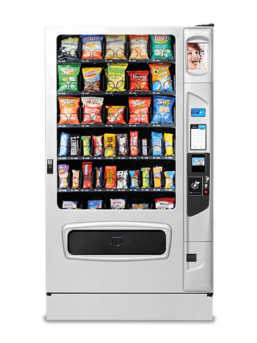 Mercato 5000 Snack with optional platinum silver door styling, iCart touch screen and kick panel left quarter view.