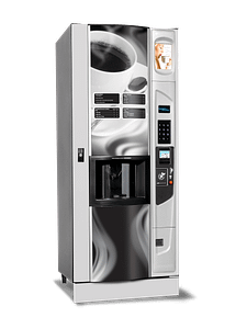 Geneva coffee vending machine with optional platinum silver door styling and kick panel.