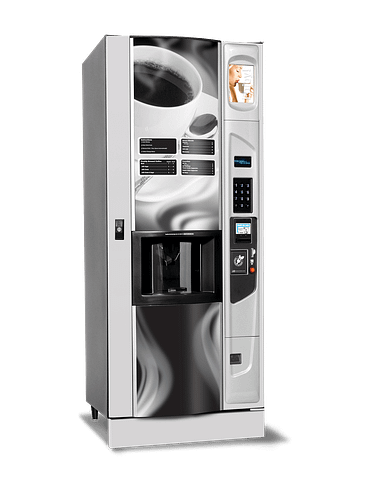 Geneva coffee vending machine with optional platinum silver door styling and kick panel left quarter view.