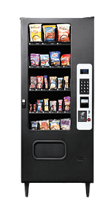 Black MP23 Snack Vending Machine featuring a variety of snacks, a keypad, and silver details on the right of the machine