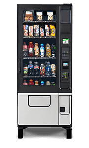 A sleek black and silver VendRevv Slim Chill 27 Select Snack and Drink Vending Machine