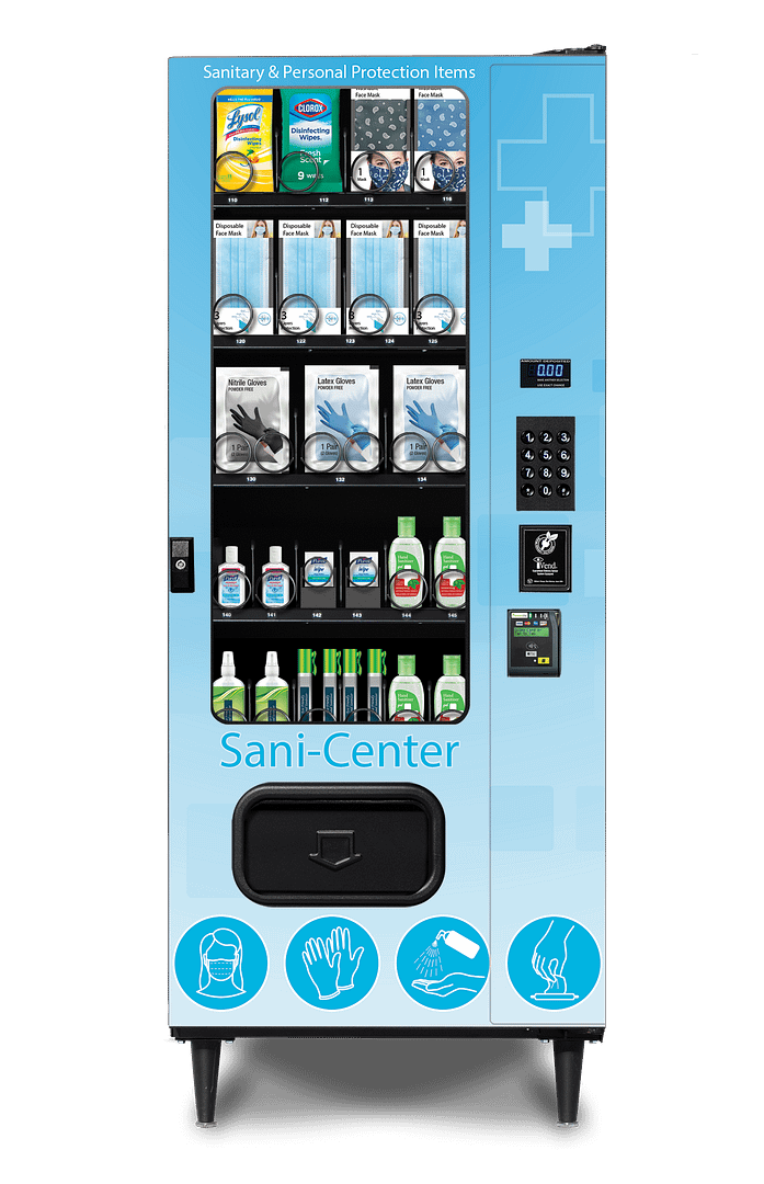 Blue Sani-Center PPE Vending Machine with a variety of PPE products for customers to choose from