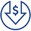 Icon depicting reduced costs in navy blue