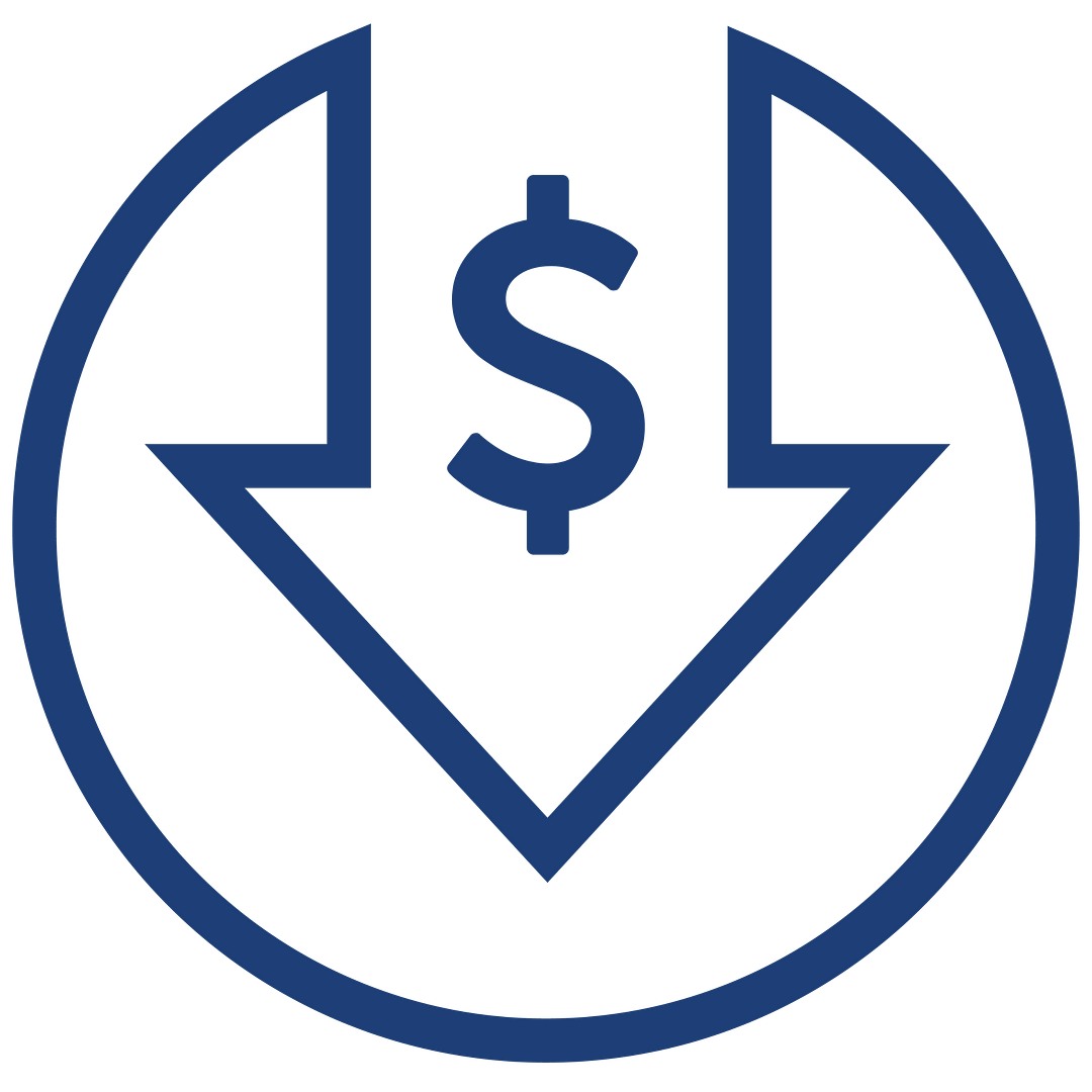 Icon depicting reduced costs in navy blue