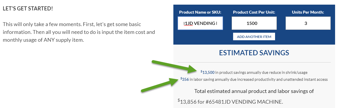 Estimated savings for purchase of a vending machine