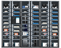 Automated locker system solutions featuring multiple clear-front compartments filled with electronics, tech accessories, and supplies.