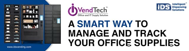 Banner showcasing an IT equipment vending machine alongside smart lockers, promoting a solution to manage and track office supplies