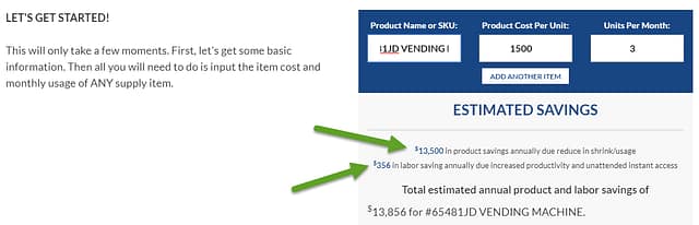 Estimated savings for purchase of a vending machine
