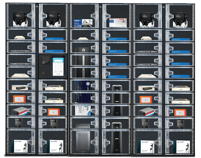 A clear view locker system with adjustable compartments and a touch screen interface, ideal for secure and organized storage.