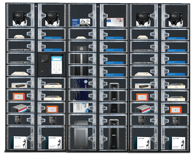 Automated locker system solutions featuring multiple clear-front compartments filled with electronics, tech accessories, and supplies.