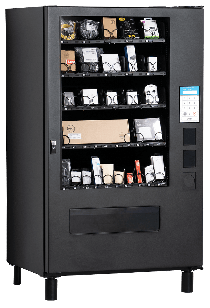 SD5000 Lftqtr TS Tech Black automated supply dispenser with shelves of office supplies, featuring a keypad for self-service item selection