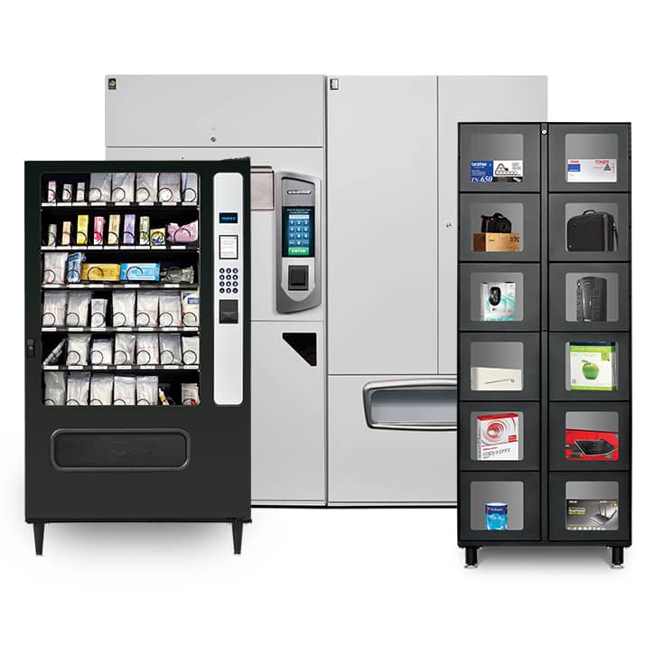 An EMS supply dispenser, Scrubtrak and an office supply locker from IDS