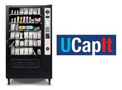 U Cap it logo in red white and blue with a vending machine to the left of logo