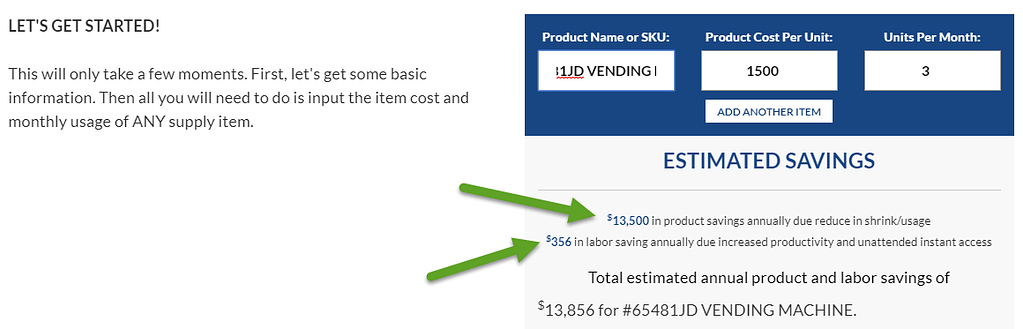 Estimated savings for purchase of a vending machine