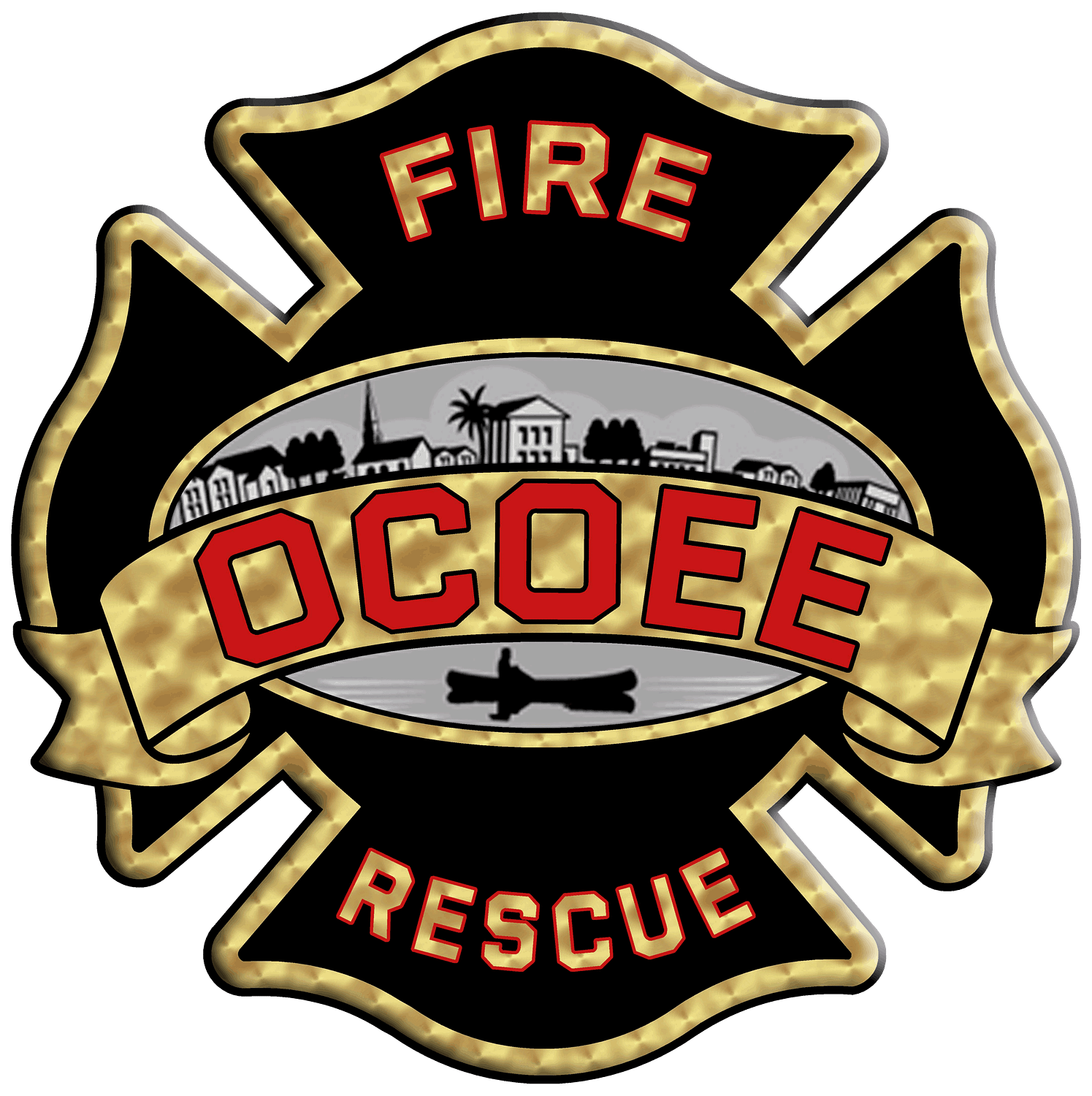 OCOEE Fire and Rescue logo in gold, black, red and gray