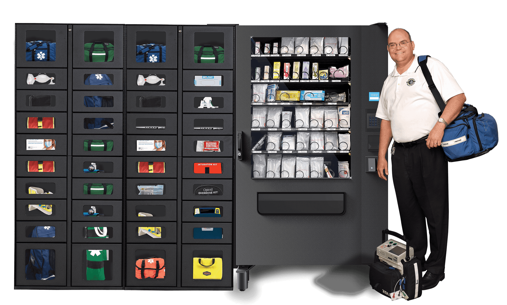EMS professional standing next to bank of new UCapIt EMS supply dispenser and two windowed supply lockers