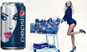 Image of female with filled pepsi shopping cart and pepsi beyonce can to her left
