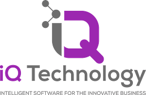 New iQ Technology Logo: Intelligent Software for the Innovative Business in gray and pink