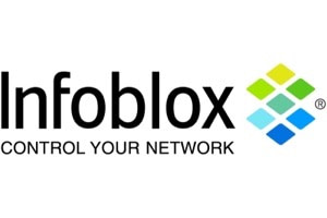 Infoblox logo image with control your network text in black and rubix cube in yellow and blue text on right