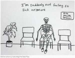 Cartoon image of skeleton not feeling sick anymore in a doctor's waiting room