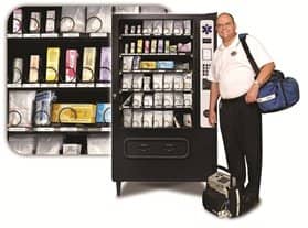 Image of male ems professional to the right of an ems and pharmaceutical vending machine