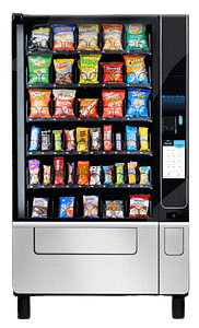 Sleek black and silver VendRevv S40 Snack Vending Machine filled with a variety of snacks