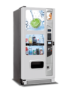 Summit 500 Cold drink vending machine with platinum silvery door styling left quarter view.