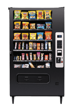 Black MP40 Snack Vending Machine featuring a variety of snacks, a keypad, and silver details on the right of the machine