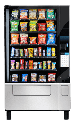 Sleek black and silver VendRevv S40 Snack Vending Machine filled with a variety of snacks