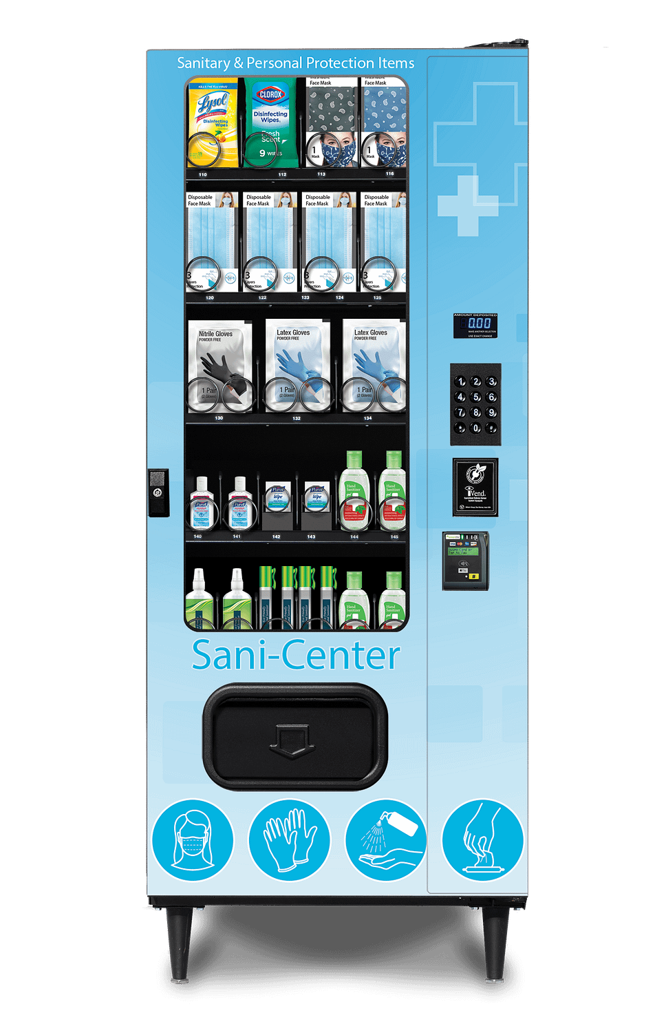 Blue Sani-Center PPE Vending Machine with a variety of PPE products for customers to choose from